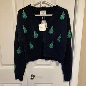 #58 NWT Cropped Cardigan Embroidered Christmas Trees, Navy,  Size Large